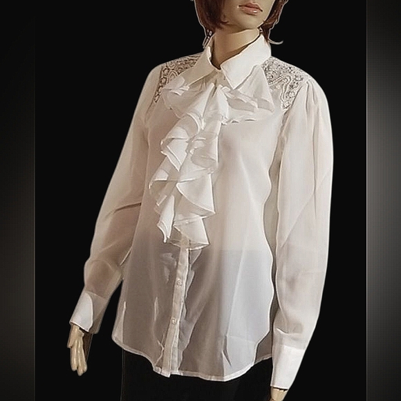 Vintage Victorian Bib Ruffle Beaded Poet Blouse Top Shirt / Sz 6 / Off-white - Picture 5 of 15